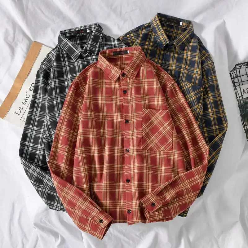 Korean Style Oversized Plaid Shirt Women Tops Turn-Down Collar Loose Long Sleeve Casual Shirts 2024 Fashion Many Colour