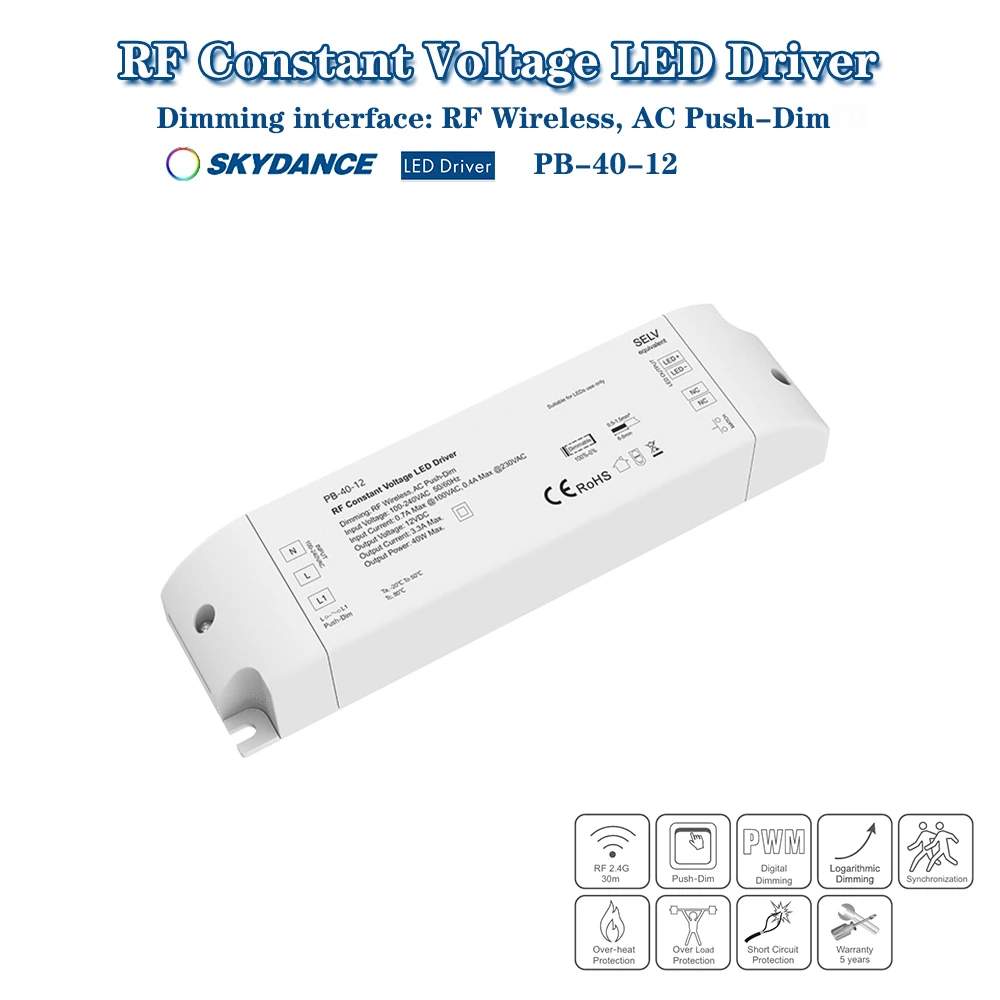 

Skydance PB-40-12 PB-40-24 AC100-240V To 12V/24V 40W 2.4GHzRF+Push-Dim Dimmable LED Driver LED Strip Transformer Power Supply