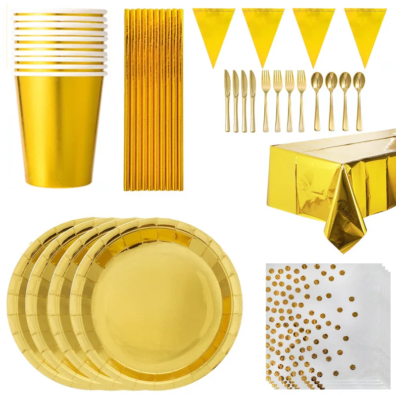 Gold Disposable Paper Plates Cups Straw napkins cakestand Tableware Sets for Adult Kids Birthday Party Supplies Gold Theme decor