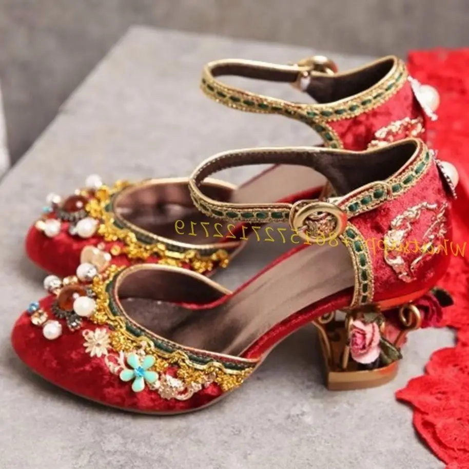 

Pearl Crystal Flower Cage Heel Pumps Retro Suede Shoes Women Buckle Fretwork Heels Party Spring 2022 Elegant Appliques Pumps