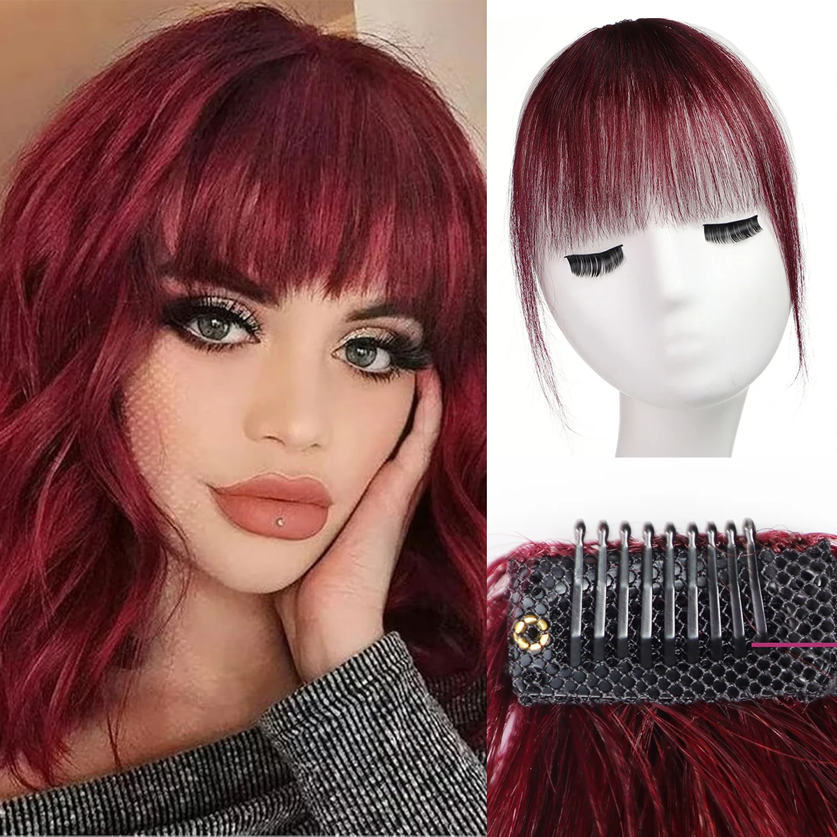 Bangs Clip in Bangs Burgundy Bangs with Temples Hairpieces 100% Real Human Hair Extensions for Women Wine Red Hair Bangs Cosplay