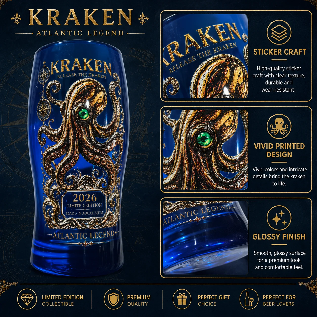 Kraken Atlantic Legend 2026 Limited Edition Glass Tumbler, Blue Deep Sea Octopus Print Bar Cup for Collectors & Bar Lovers
