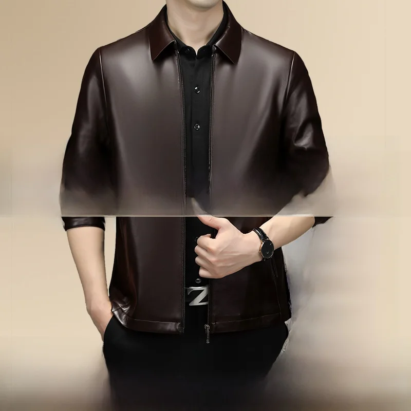 

Haining Genuine Leather Jaet Men's Casual Middle-aged Dad's Faionable Urban Sle Zipper Closure Busin Casual Coat