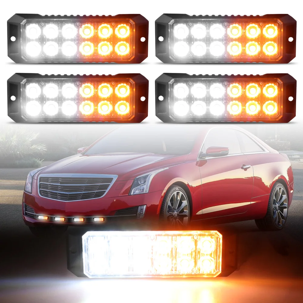 

4PCS 12-Led Car Strobe Emergency Flashing Light For Truck Car Amber White Hazard Warning Light 12v-24v Universal Car Accessories