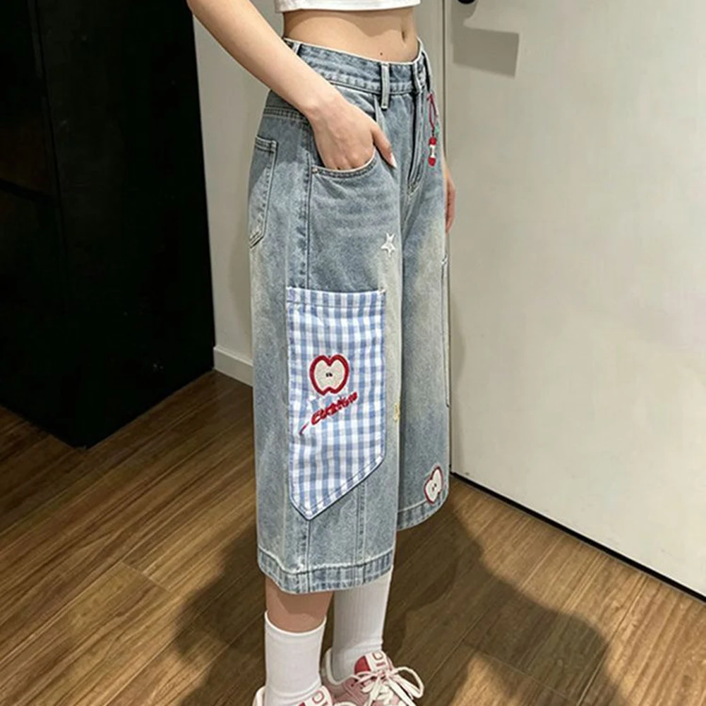Apple plaid embroidered seven-point jeans women's summer thin lazy wide-leg straight tooling shorts trendy middle pants