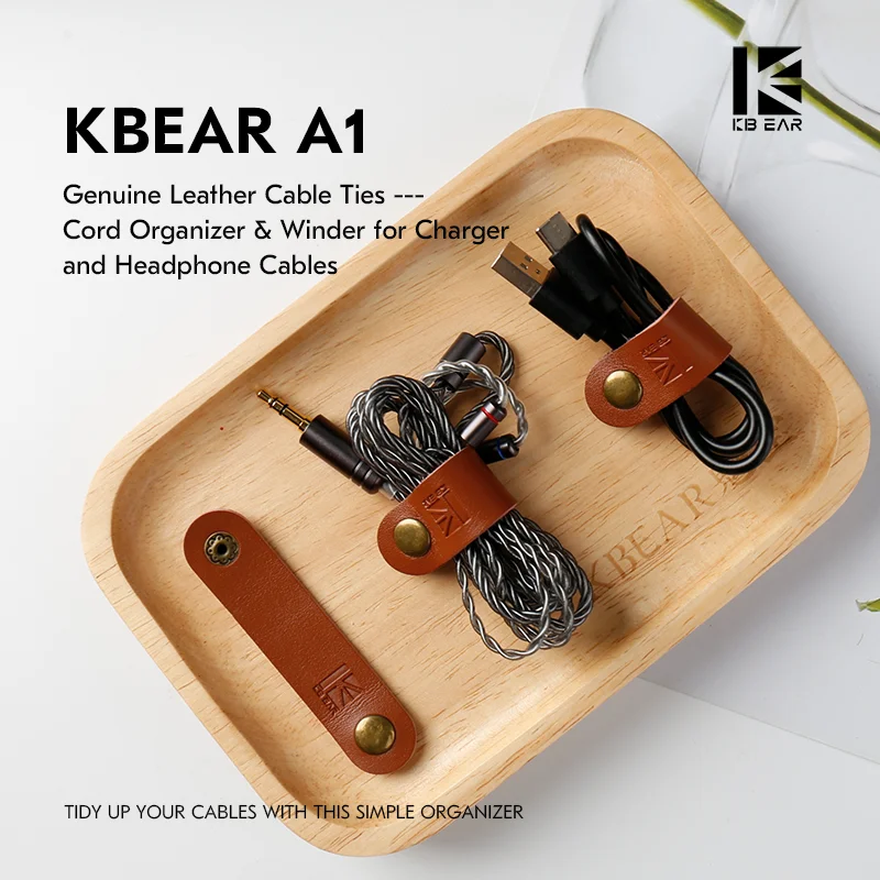 KBEAR A1 Genuine Leather Cable Ties Snap Design Cord Organizer & Winder for Charger and Headphone Cables Portable Cable Harness