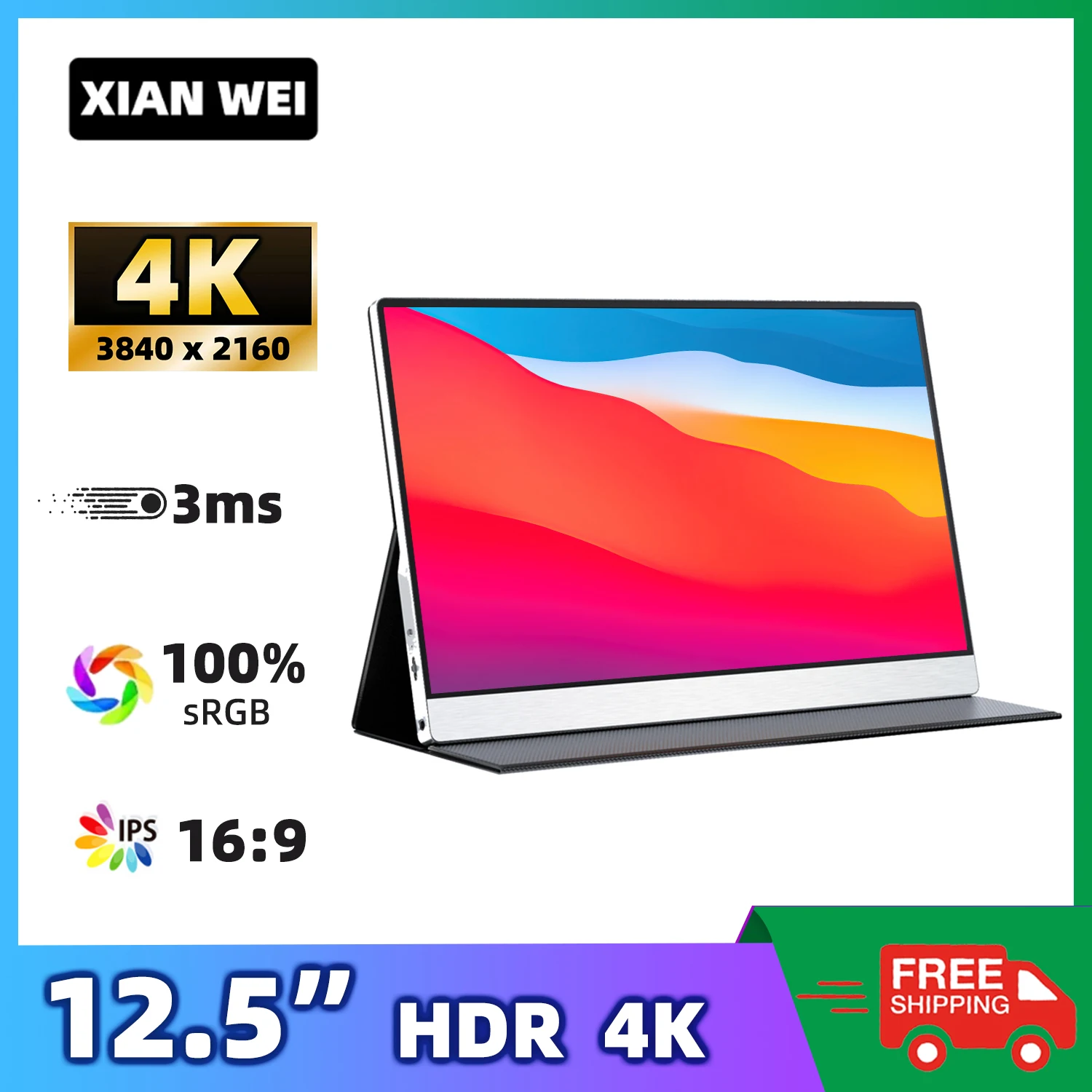 XIANWEI 12.5 Inch 4K Portable Monitor 100% SRGB Screen 3840X2160 USB-C 3.1 For Laptop Phone Raspberry Pi Switch PS4 5 Xbox PC