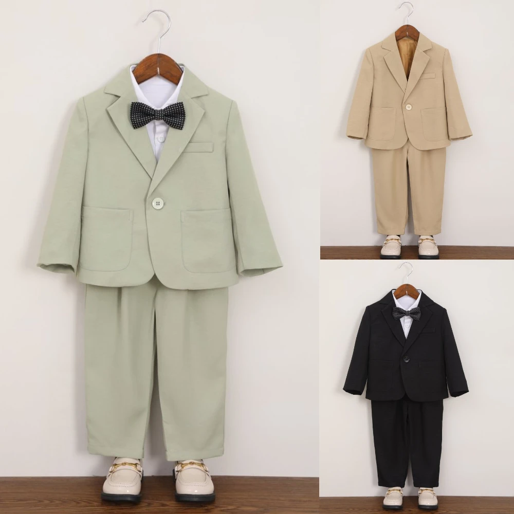 School Kids Boys Basic Suit Set Blazer Pants Bow Tie Children Wedding Host Stage Performance Formal Outfit Green Beige 2-14Years