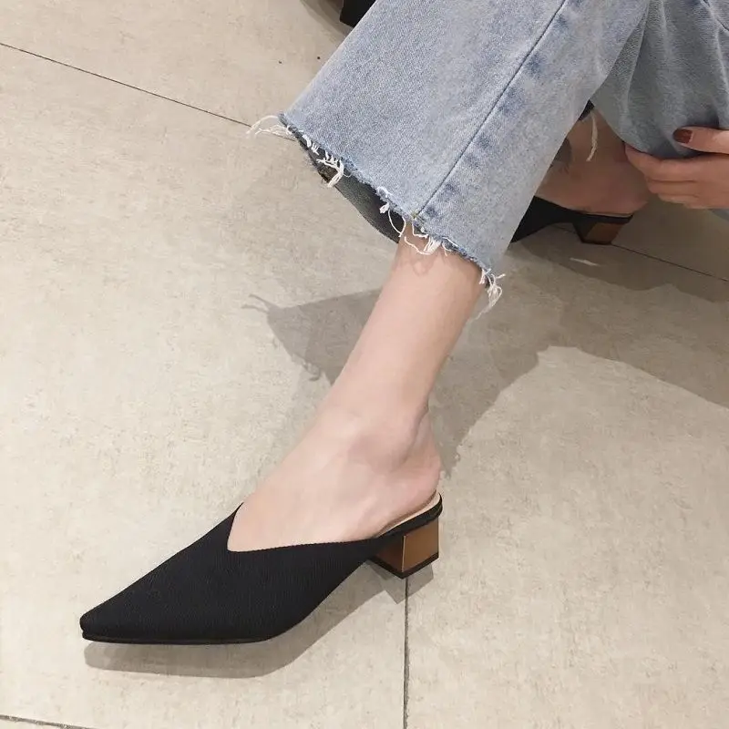 Summer 2024 with Heel Slides Pointed Toe Shoes Mules Women's Slippers and Ladies Sandals Black Outside Non Slip Korea Style 39 F