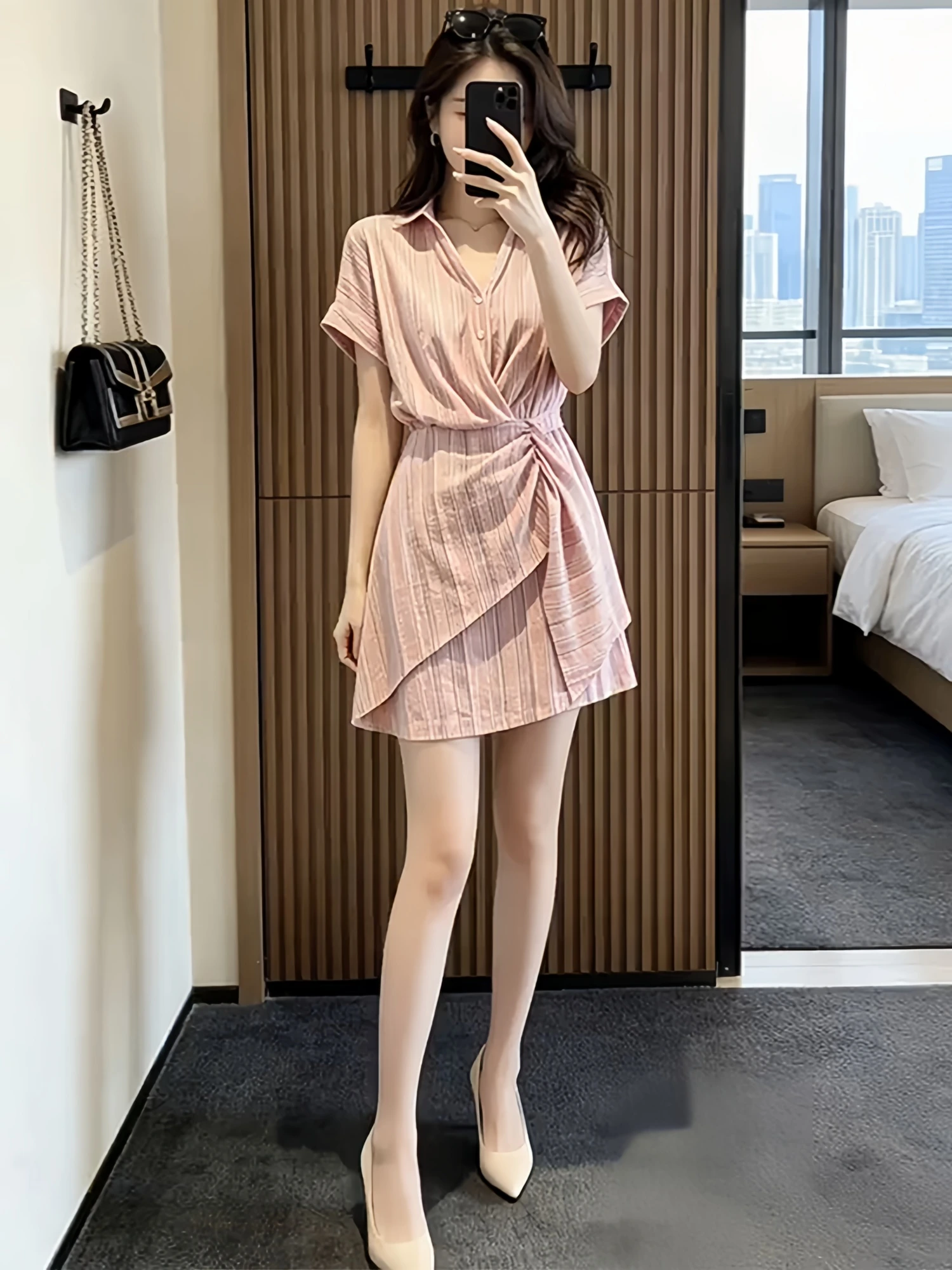 

Elegant Shirt Collar Dress Slimming Pleated High Waist A-Line Summer New Arrival Women's Fashion Vintage Style Casual Dress