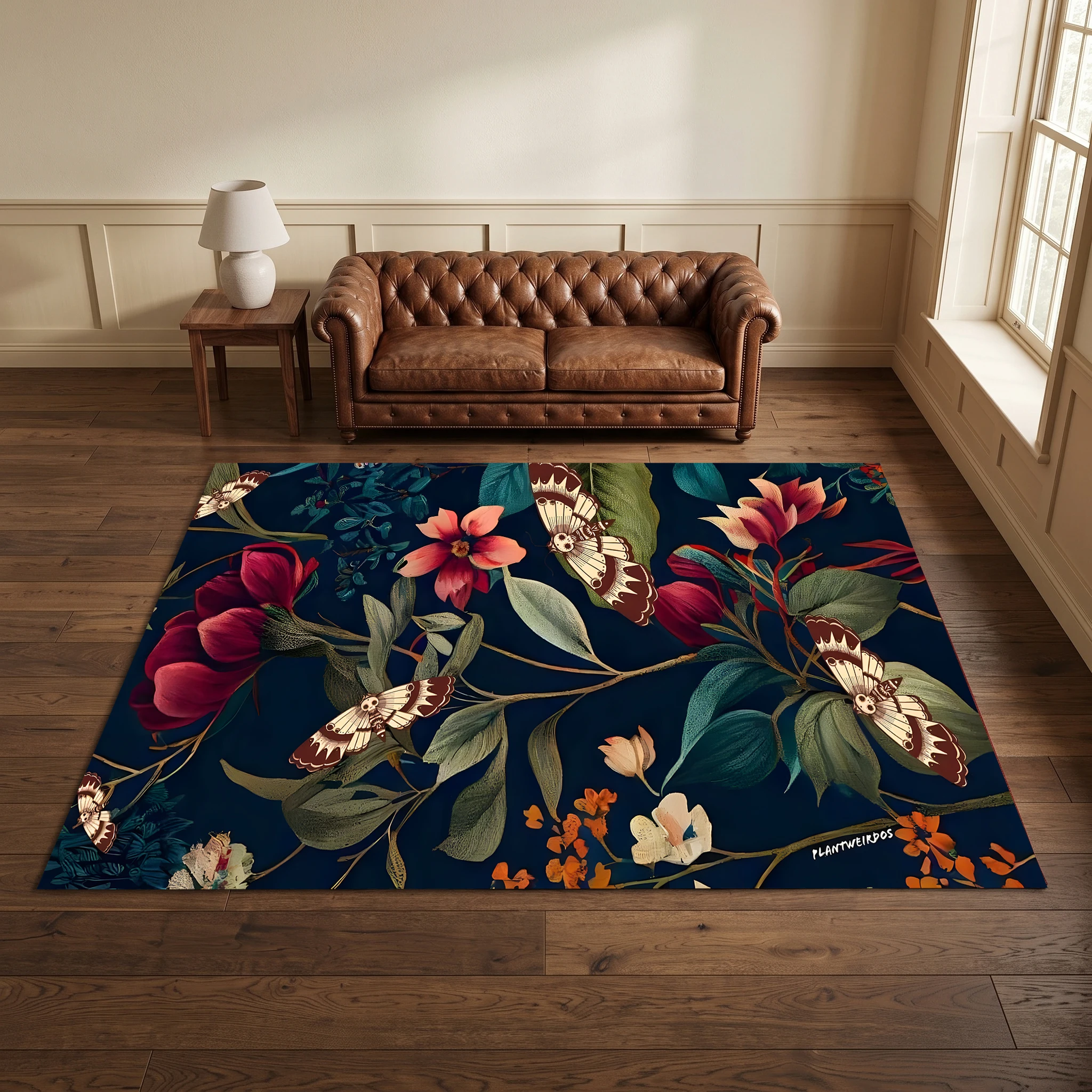 Navy Blue Retro Floral and Butterfly Pattern American Retro Style Velvet Rug, Autumn and Winter Style, Suitable for Living Room and Bedroom, Creating a Rich Autumn Harvest Atmosphere
