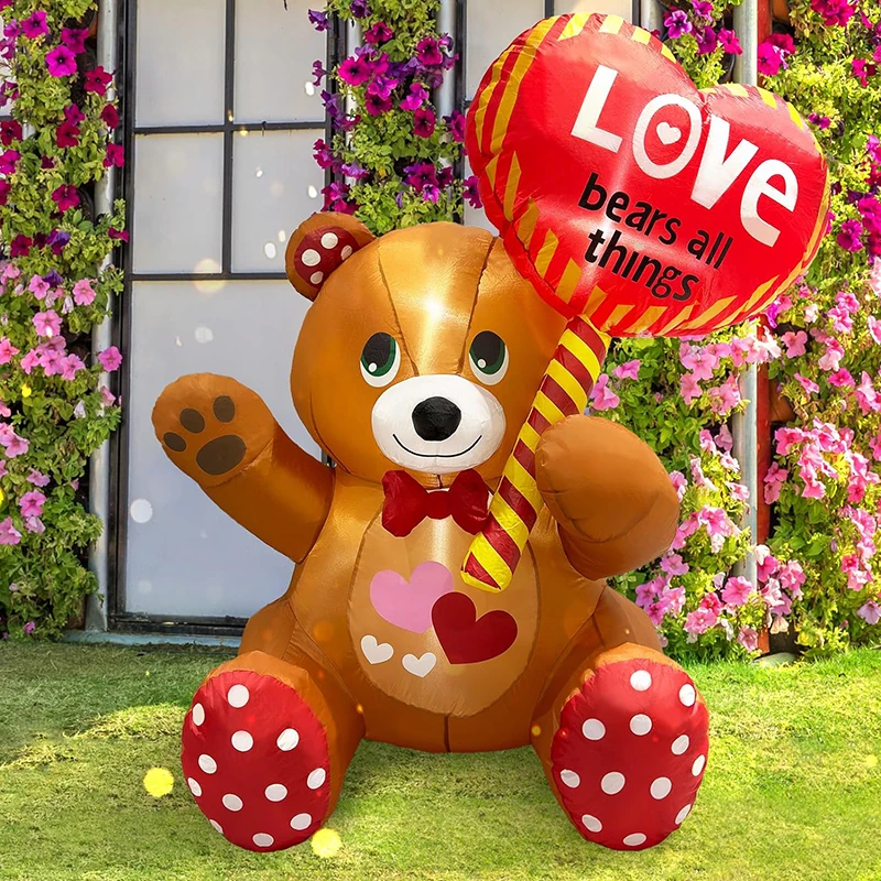 Valentines Inflatable Yard Decoration 4FT Bear with Love Sweet Heart Romantic Cute Outdoor Toys Blow up Wedding Day Decorations