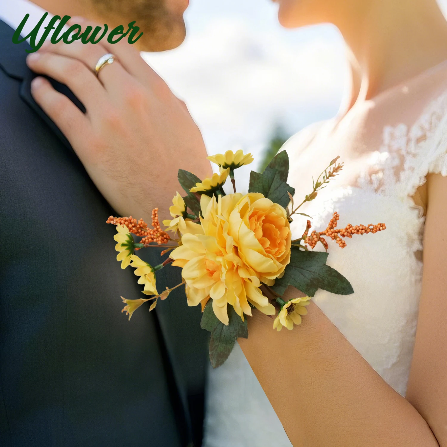 Uflower 노란색 신부 손목 코사지, 소녀, 홈 커밍, 결혼식, 기념일을위한 어머니 코사지 팔찌 장식