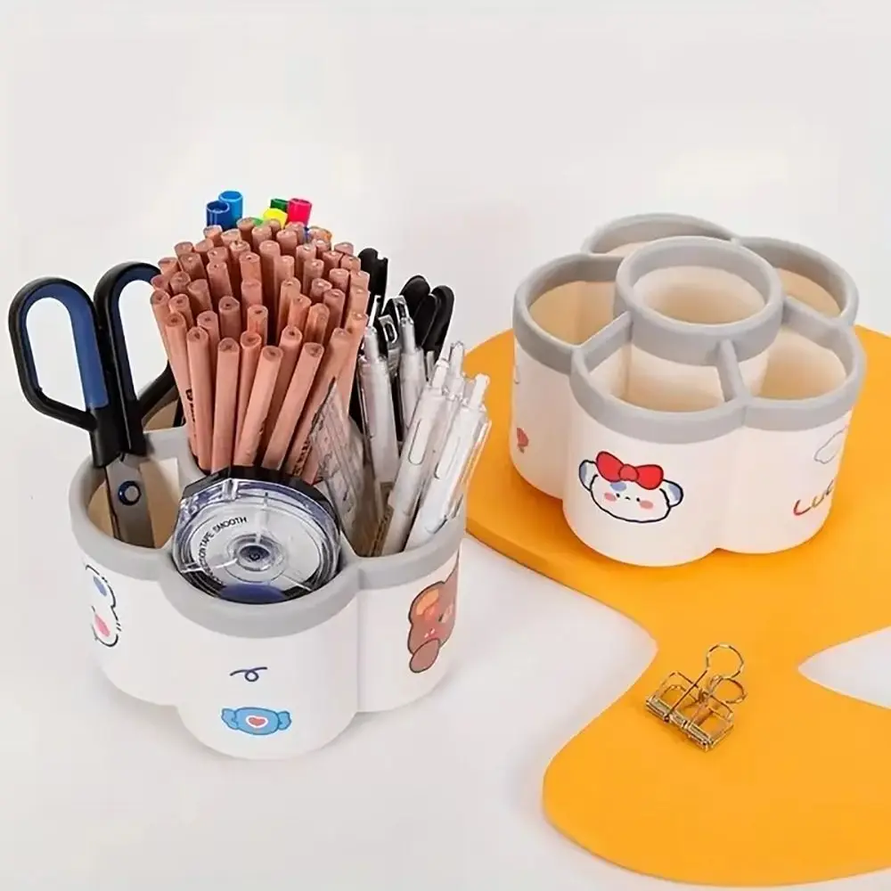 1Pcs 360 Degree Rotating Rotating Pen Holder Large Capacity Cartoon Pencil Storage Box DIY Sticker Office Desktop Stationery