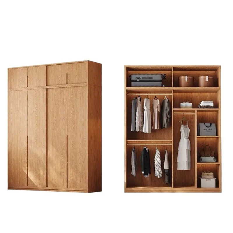 All solid wood oak sliding door wardrobe household bedroom storage cabinet Nordic log style small apartment door large wardrobe