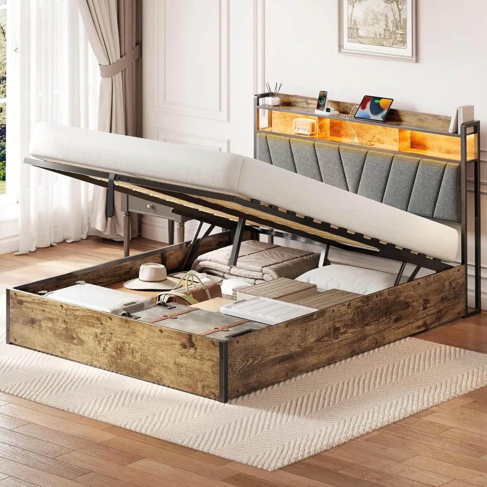 Upholstered Storage Bed with Lift-Up Frame, LED-Illuminated Bed Frame with Charging Station, Metal Platform Bed with 2-Tier Stor