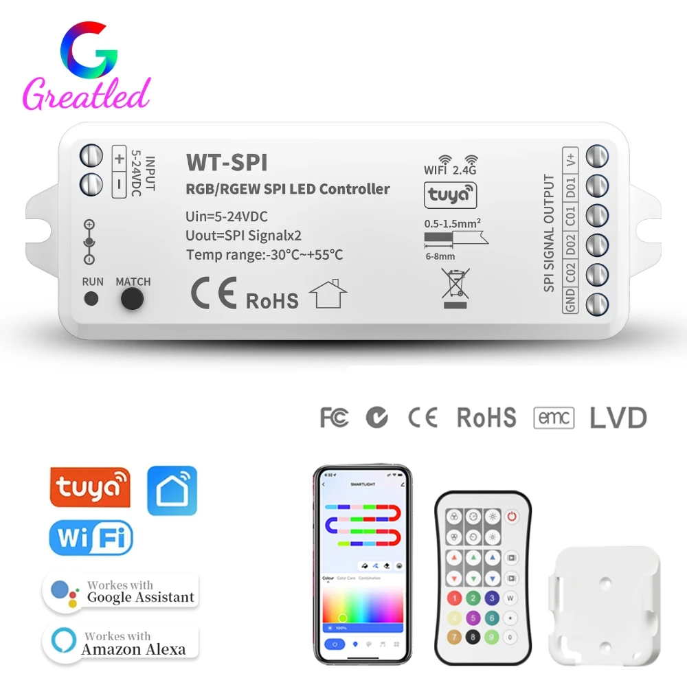 Tuya SPI Wifi LED Controller 2.4GHz RF Remote Alexa Google Assistance For WS2811 WS2812B WS2815 RGB SK6812 RGBW LED Strip 5-24V