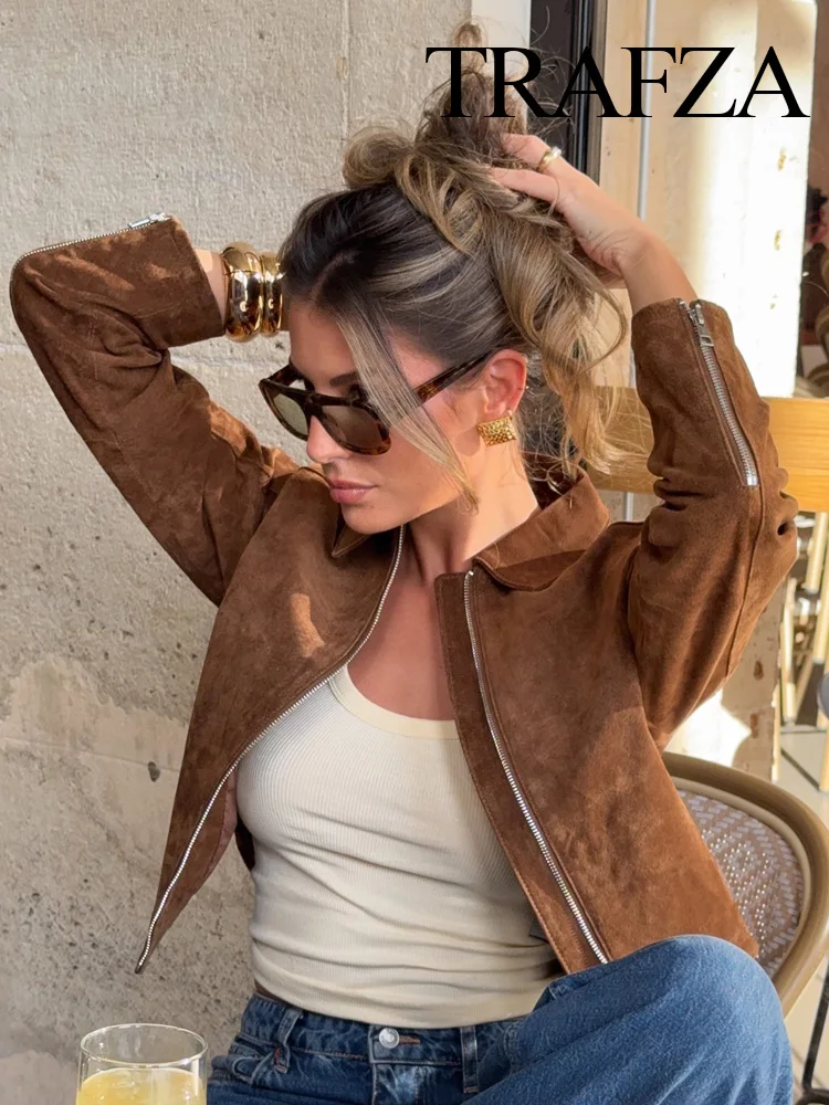

TRAFZA Women's 2025 Autumn New Fashion Popular Lapel Short Pure Leather Jacket Female Temperature Zipper Pocket Loose Coat Mujer
