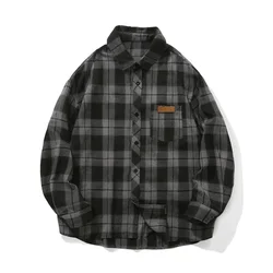 Vintage Men Plaid Shirt Oversized Outer Top Clothes Casual Long Sleeve Checked Overshirt Single Pocket Buttons Blouse Male