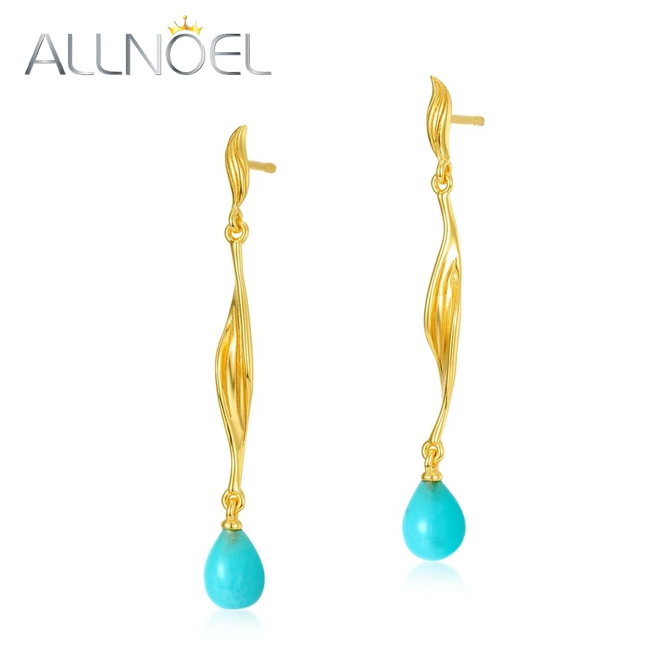 ALLNOEL Natural Amazonite 925 Sterling Silver Water Drop Dangle Earrings For Women Bell Orchid Gold Plated Vintage Jewelry Gifts