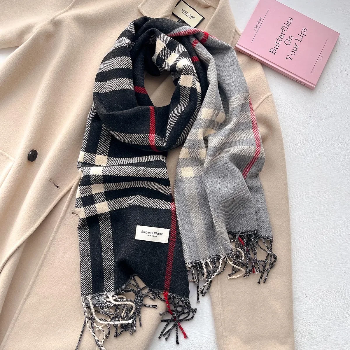 2024 New Autumn and Winter Scarf Women\'s Plaid Double-sided Imitation Cashmere Warm Scarves Senior Students Long Shawl Muffler