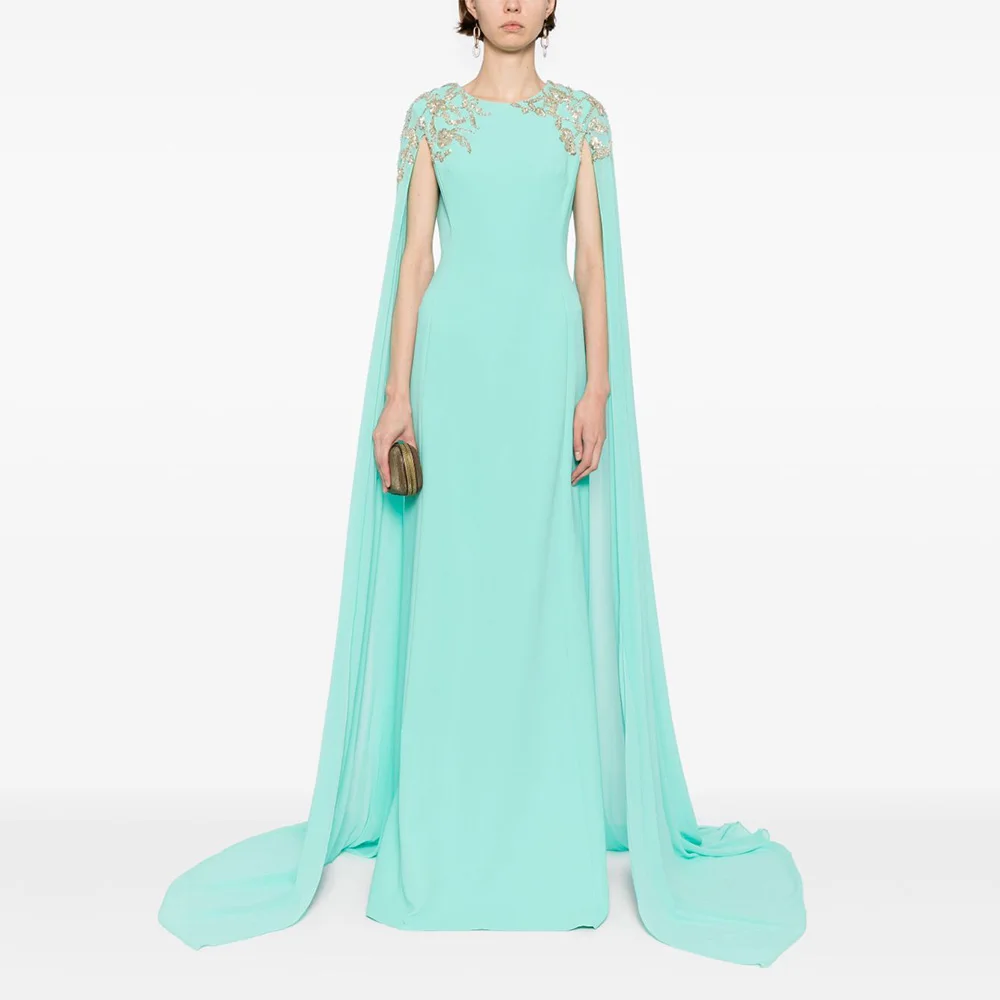 

Luxurious Wedding Guest Dress Cloak Sleeves A Line Beading Applique Evening Gowns for Women O Neck Elegant Formal Party Dresses