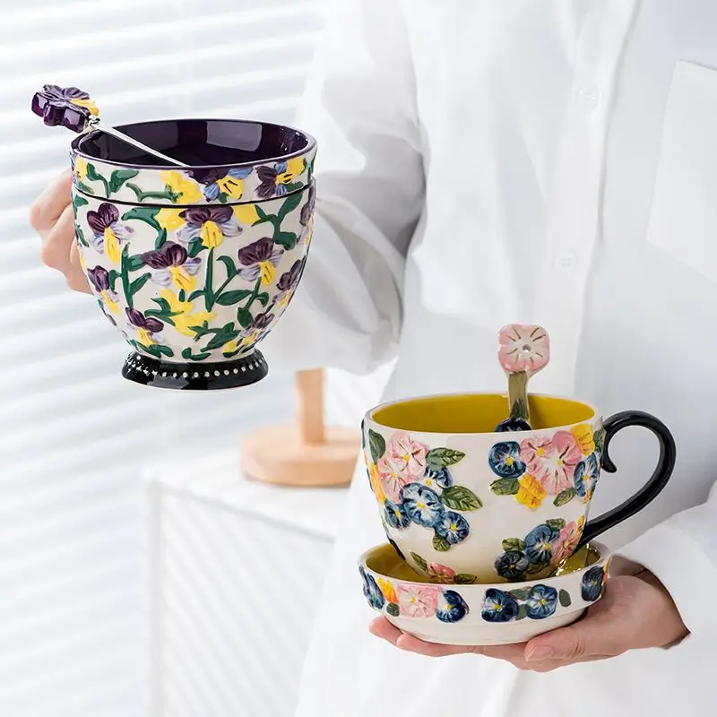 

Underglaze color relief environmentally friendly ceramic breakfast cup large capacity mug nut dish spoon with lid