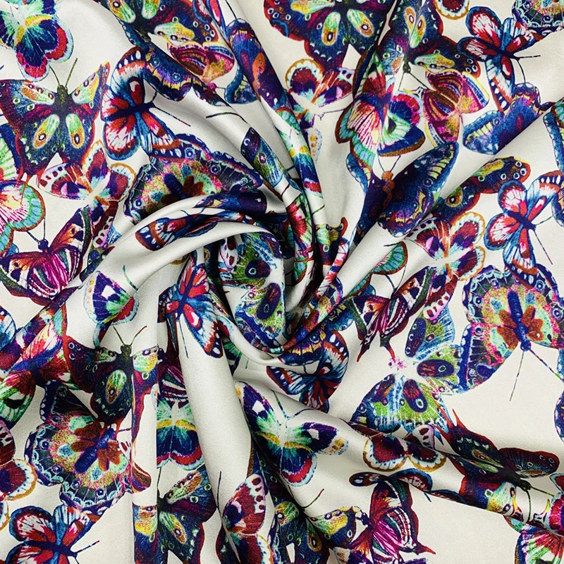 

1 метр, 95% шелк шелковицы, 5% спандекс, 25 мамме, шелковая ткань Charmeuse, белая шелковая ткань с принтом бабочки, 108 см, ширина 42,5 дюйма по дворам JX170