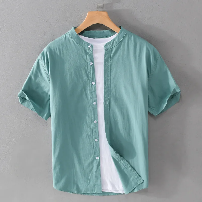 

Summer Men's Cotton Casual Shirt Short Sleeve Stand Collar Blue Fashionable Versatile Standard Fit Button down Thin Soft Glow