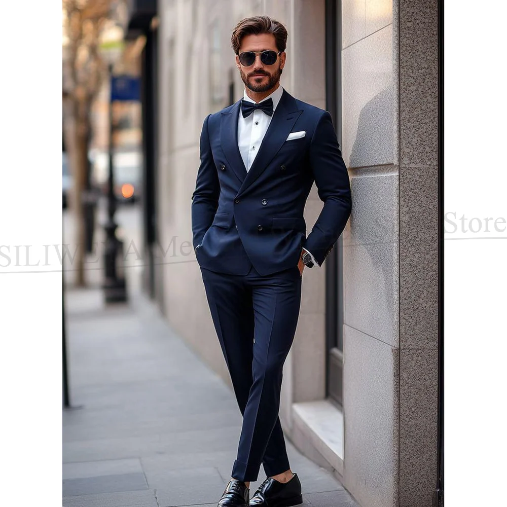 

Men Suits Navy Blue Fashion Peak Lapel Double Breasted Wear Two Piece Fashion Solid Color Slim Party Groom Wedding Tuxedo