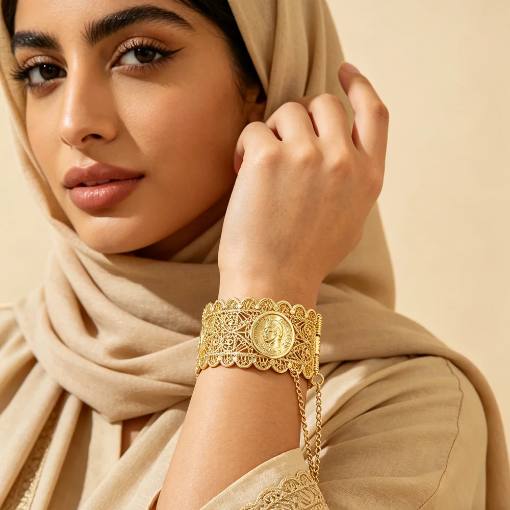 Middle Eastern Golden Bangle Intricate Filigree Craft with Safety Chain Wide Bracelet For Bridal Ethnic Wear