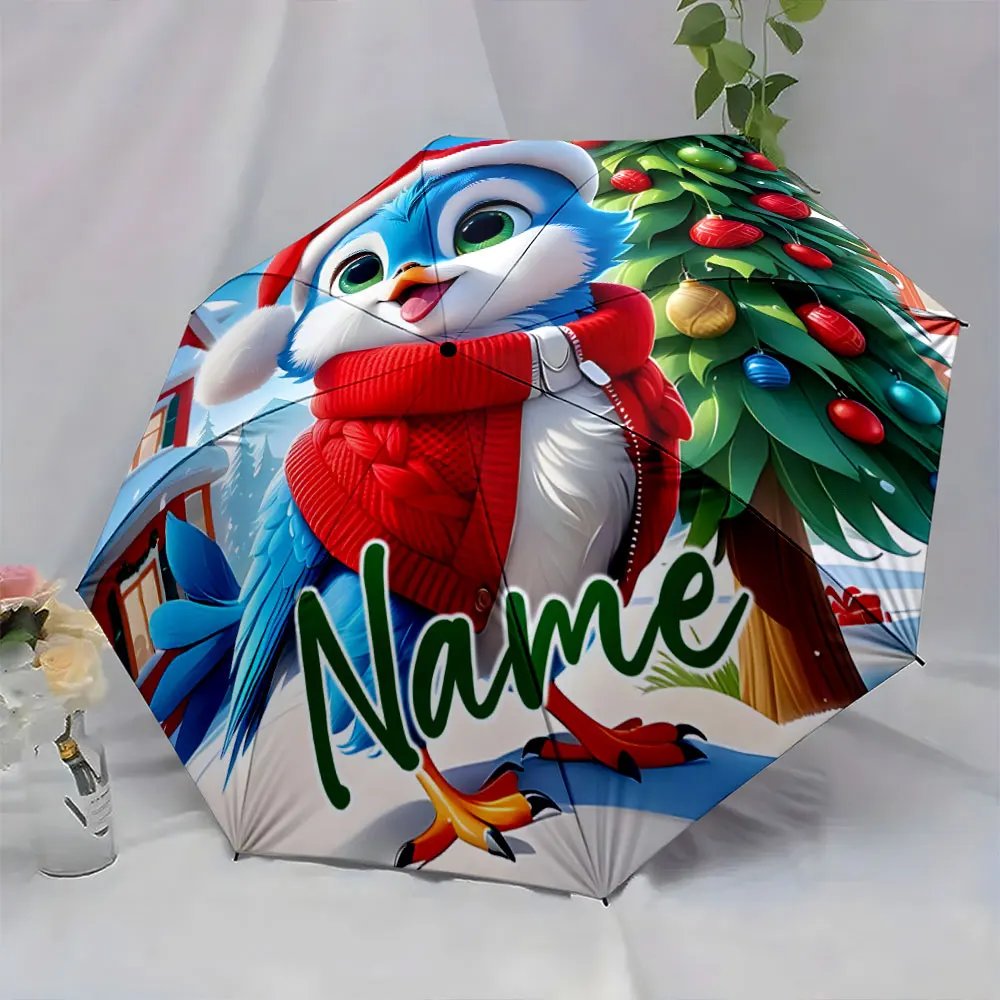 Custom Name Festive Bird Umbrella with Christmas Theme Design Print 8 Iron Ribs Folding Umbrella Auto-Open Fashion Sunshade