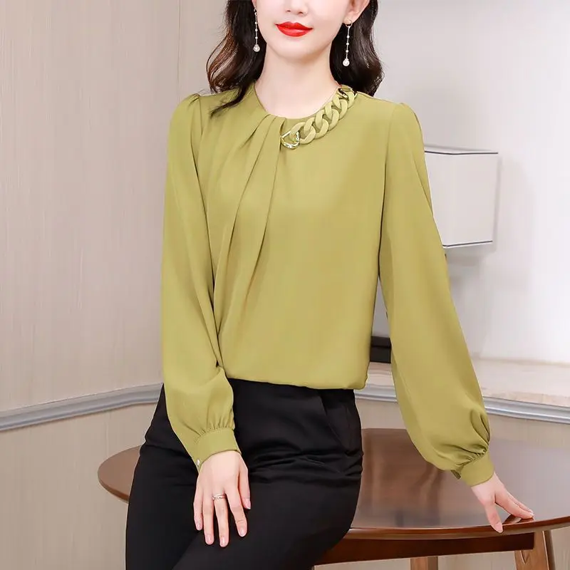 Temperament Fashion Simplicity Solid Color Atmosphere Versatile Montage Chain Age Reduction Women\'s Chiffon Shirt Autumn 2024