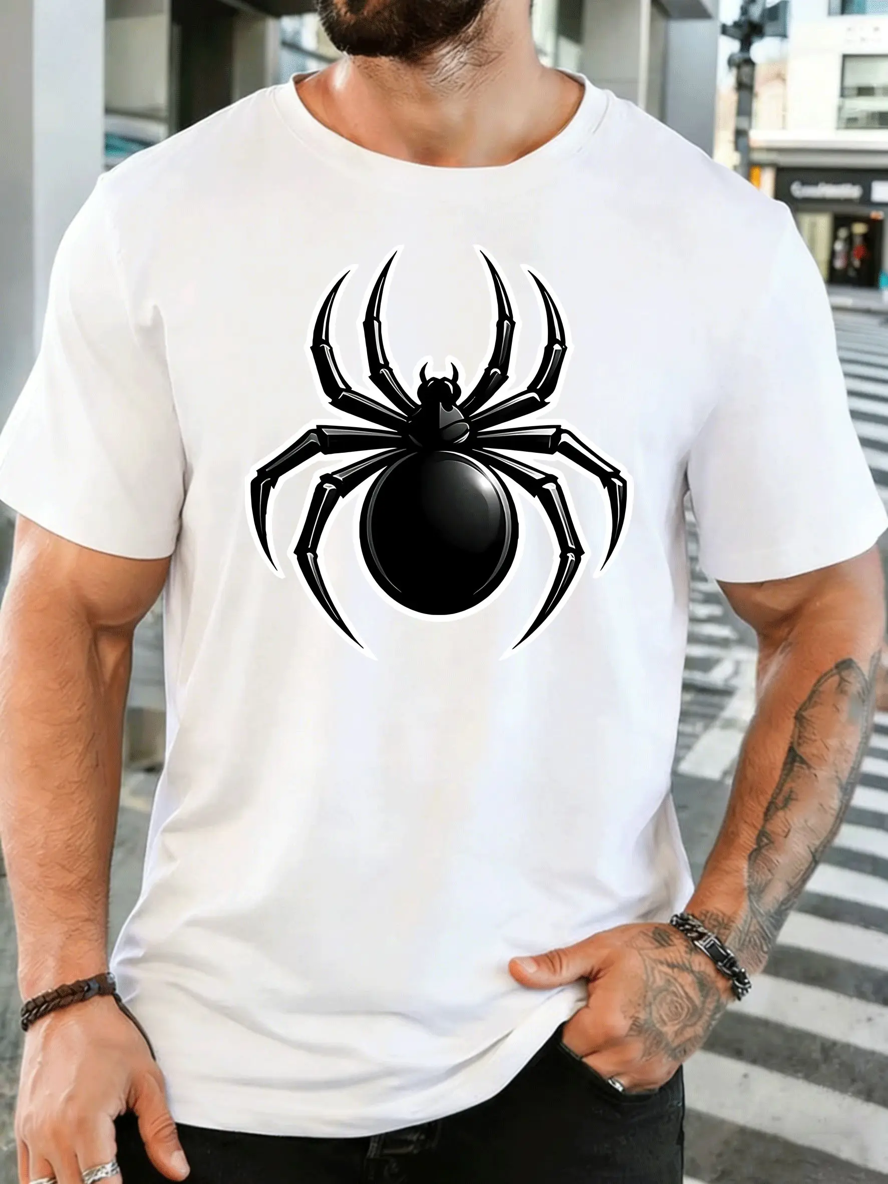 Black Spider With White Outline Mens Front Print T Shirt Creepy Insect Graphic Tee Casual Short Sleeve Horror Style Lover Gift