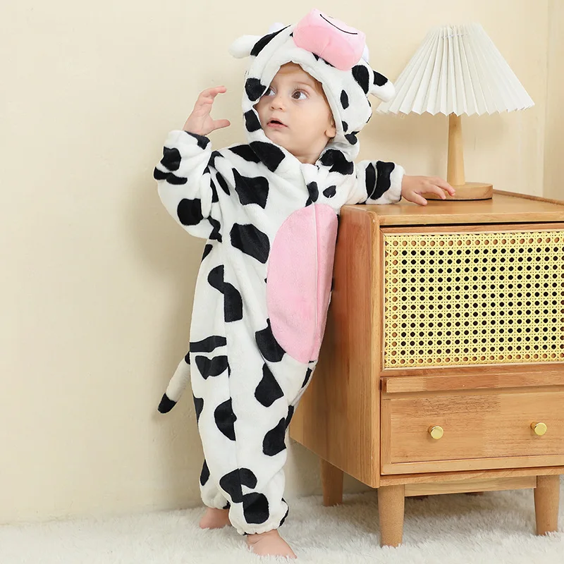 Baby cosplay animal climbing suit cartoon flannel unisex baby jumpsuit unicorn rabbit dinosaur pajamas pure cotton baby unisex b view 3