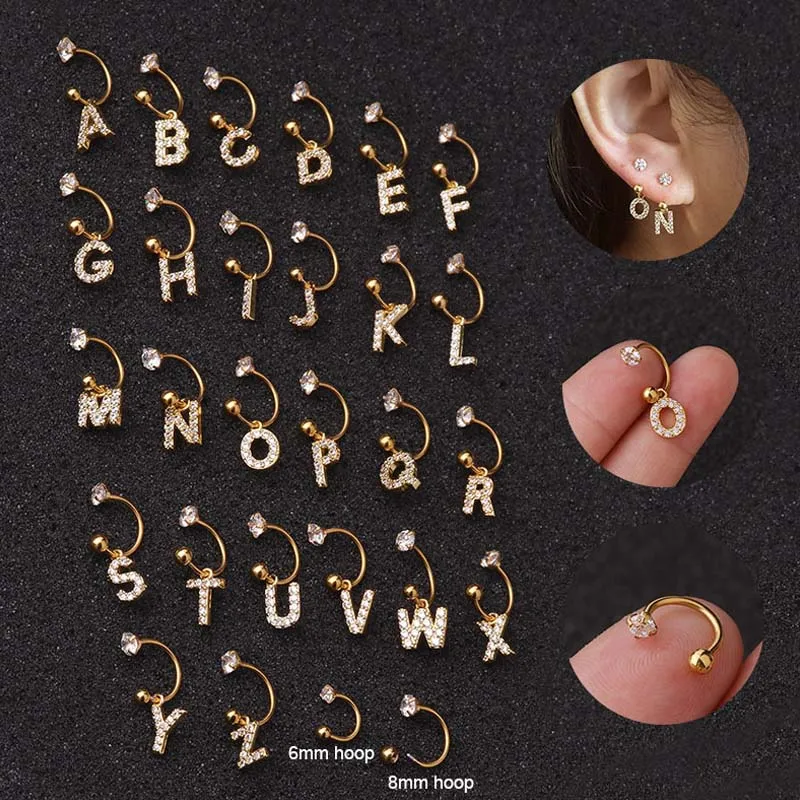 Brincos CZ pequenos de aço inoxidável para mulheres, 26 letras perfurantes, Hoop Helix Tragus Cartilagem Conch Daith Jewelry, 1pc