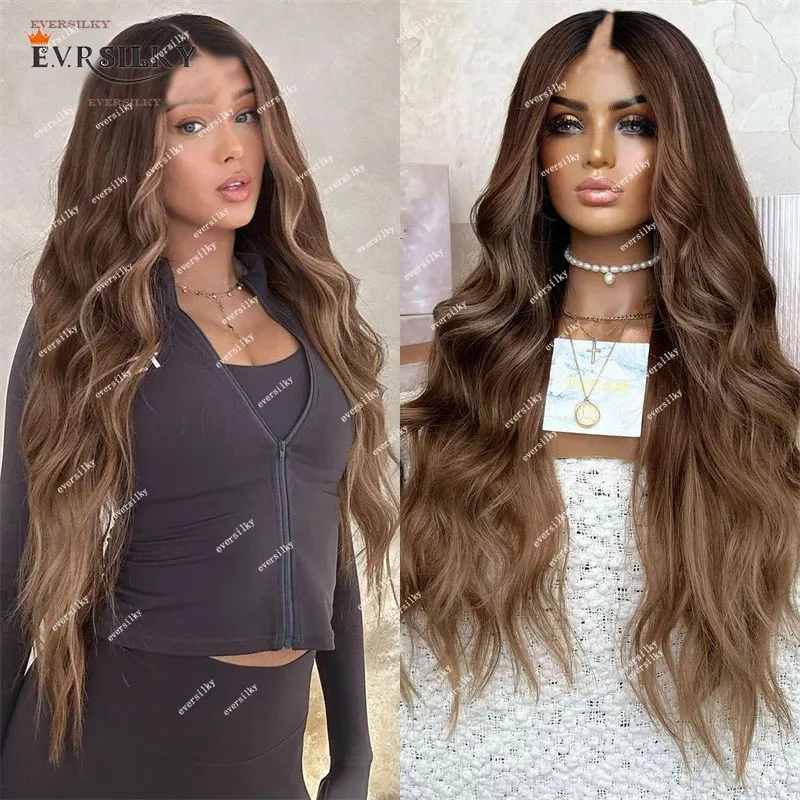 

Ombre Chentust Blonde Brown Loose Wavy V Part Wig 100% Human Hair Water Wave Highlight Auburn Brown U Shape Full Wigs 250Density