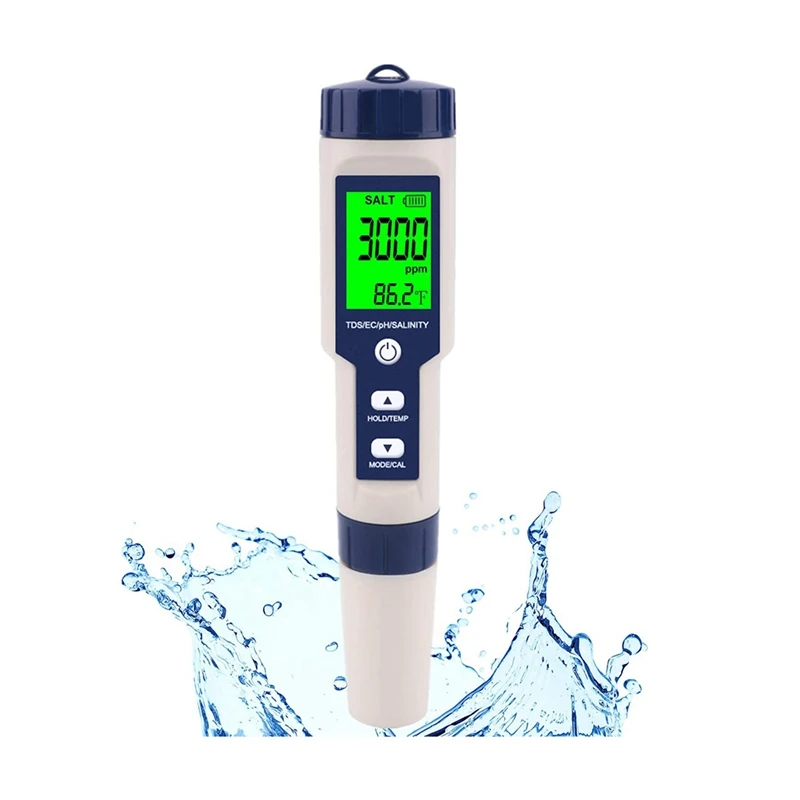 Pool Salt Tester, Digital Salinity Meter, High Accuracy 5 In 1 Salinity Tester for Salt Water,IP67 Waterproof Test Kit