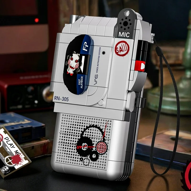 JAKI Chainsaw Massacre Series Building Blocks Billy The Puppet Pig Mask Assembly Model Salll Tape Recorder Toy Ornament Gift view 4