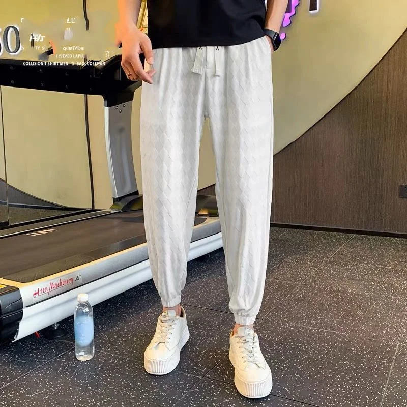 Summer Solid Color Elastic Waist Ankle Length Pants Man High Street Casual Loose Pockets Jacquard Weave All-match Haren Pants