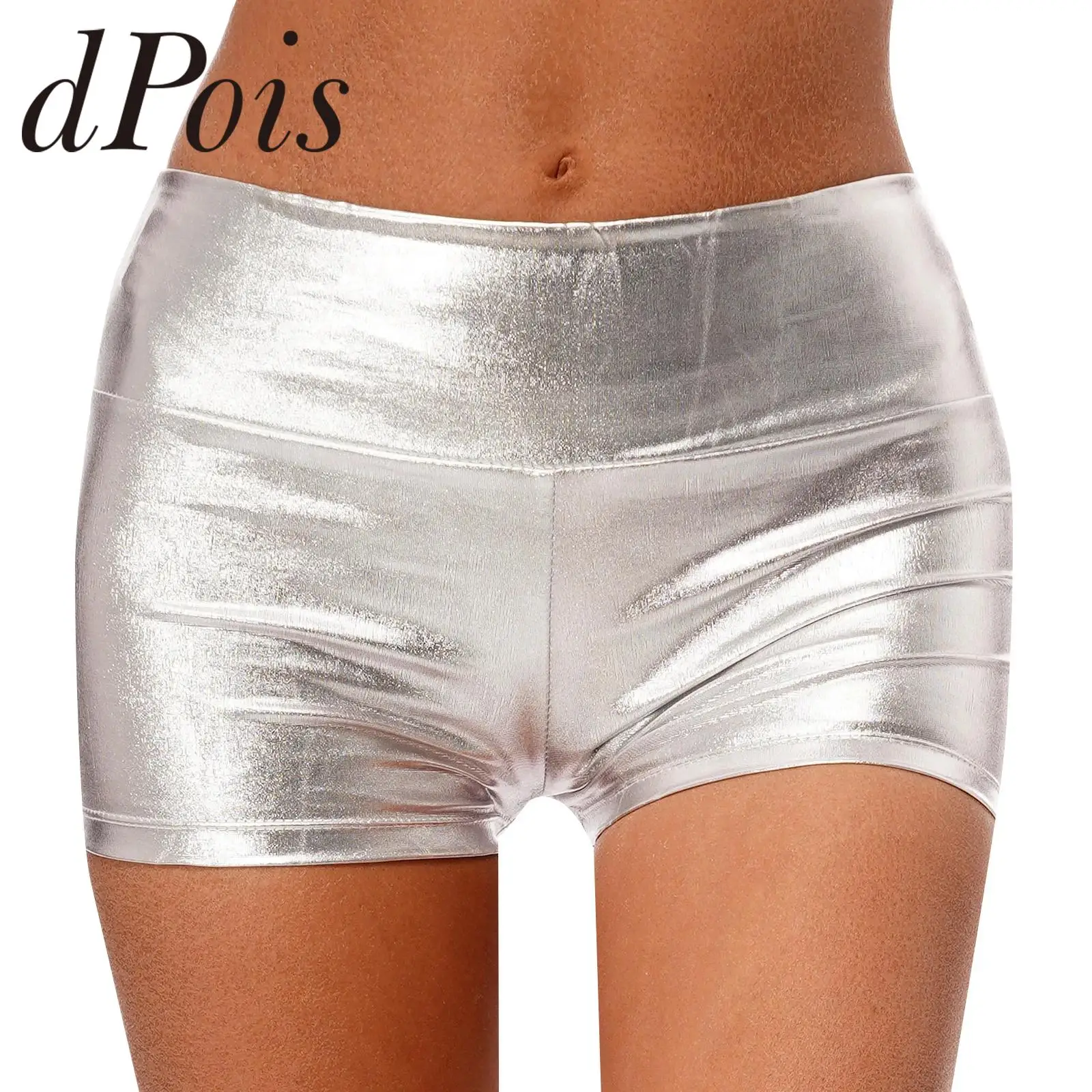 Swimwear Womens Metallic Trunks Shiny Shorts High Waist Widen Waistband Bodycon Bottoms Activewear for Pole Dance Club Carnivals