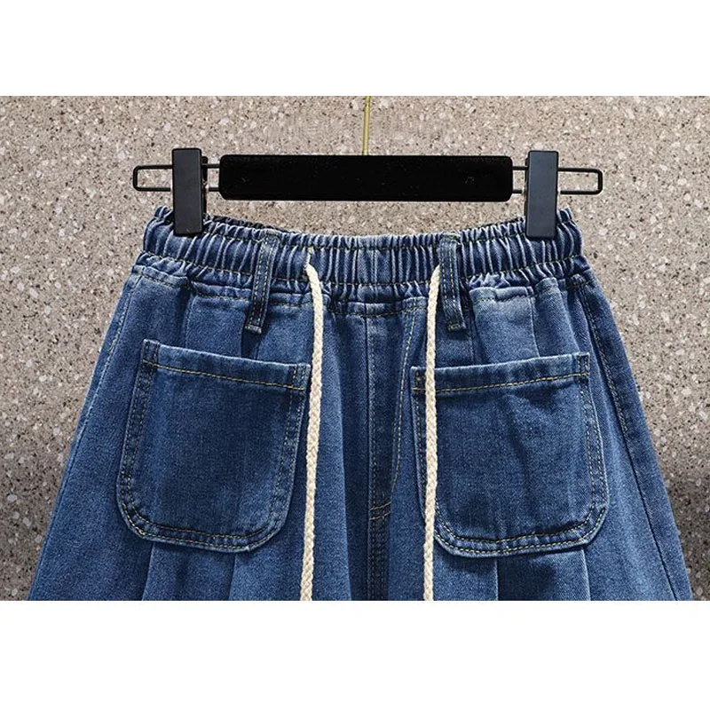 Female Korean High Waist Casual Drawstring Denim Shorts Summer Women\'s Clothing Fashion Pockets Spliced Loose Wide Leg Shorts