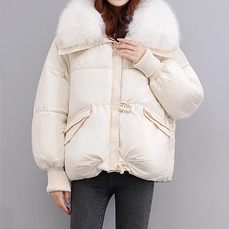 Women Fur Collar Coat Pocket Long Sleeves Fall Winter Fur Collar Zipper Warm Parkas Causal Fleece Cotton-padded Jacket Outerwear