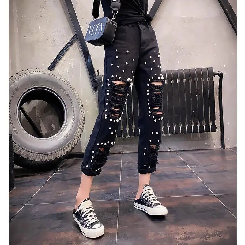 

Women's High Waist Skinny Jeans Distressed Denim Shorts Casual Versatile Personality Hole Design Autumn New Style Slimming Ni...