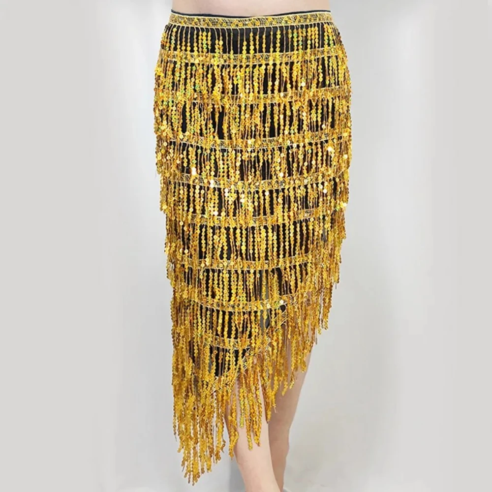 Ropa de práctica de danza del vientre con borlas de lentejuelas, bufanda de cadera para mujer, ropa de danza Oriental, cinturón, falda envolvente con flecos largos, bufanda de cadera para danza del vientre