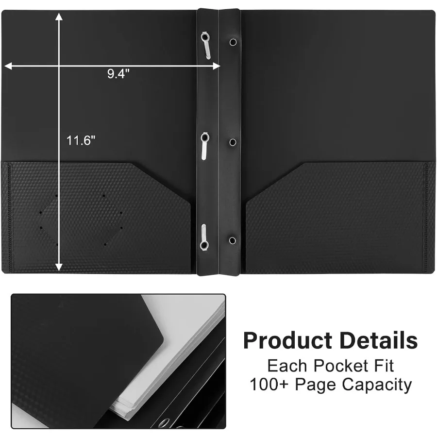 12 stuks plastic mappen met potten en tanden, 2 potmappen met 3 bevestigingen, polymappen, geschikt voor 81 2" x 11" papier voor schoolkantoor