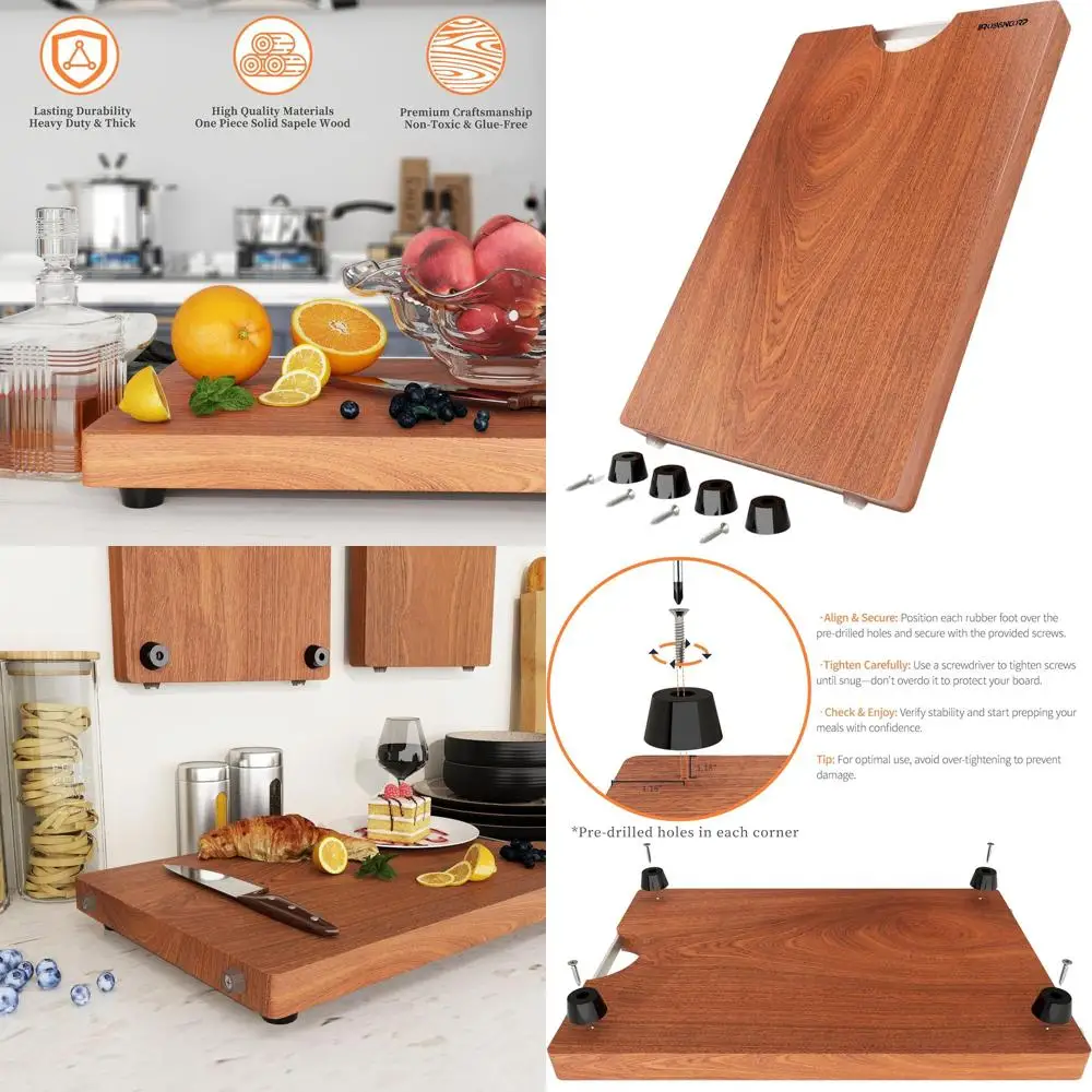 

Large Solid Sapele Wood Chopping Block, 17.71x11.81x1.18, Non-Toxic, Heavy Duty with Rubber Base