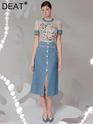 DEAT Elegant 2 Pcs Set Denim Splice Flower Embroidery Top Single-breasted Split Skirt Women's Party Suit 2024 Summer New 35Z794