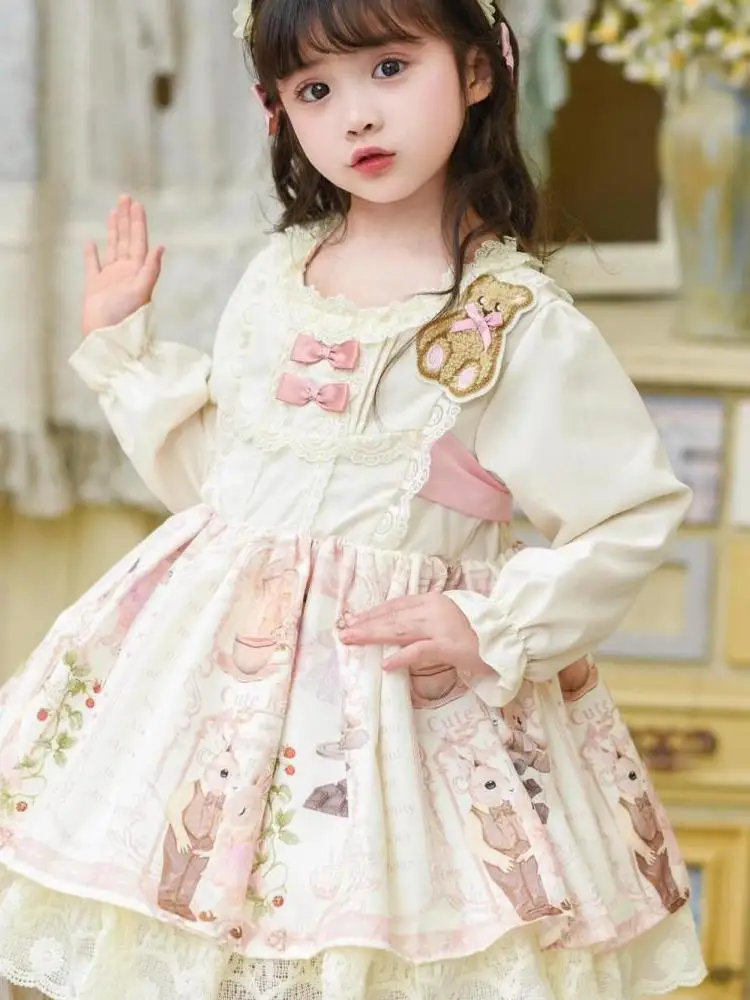 かわいいプリンセススタイルの誕生日ドレス子供用ロリータスカート綿ライクラ混紡長袖ミッドレングス春秋新着