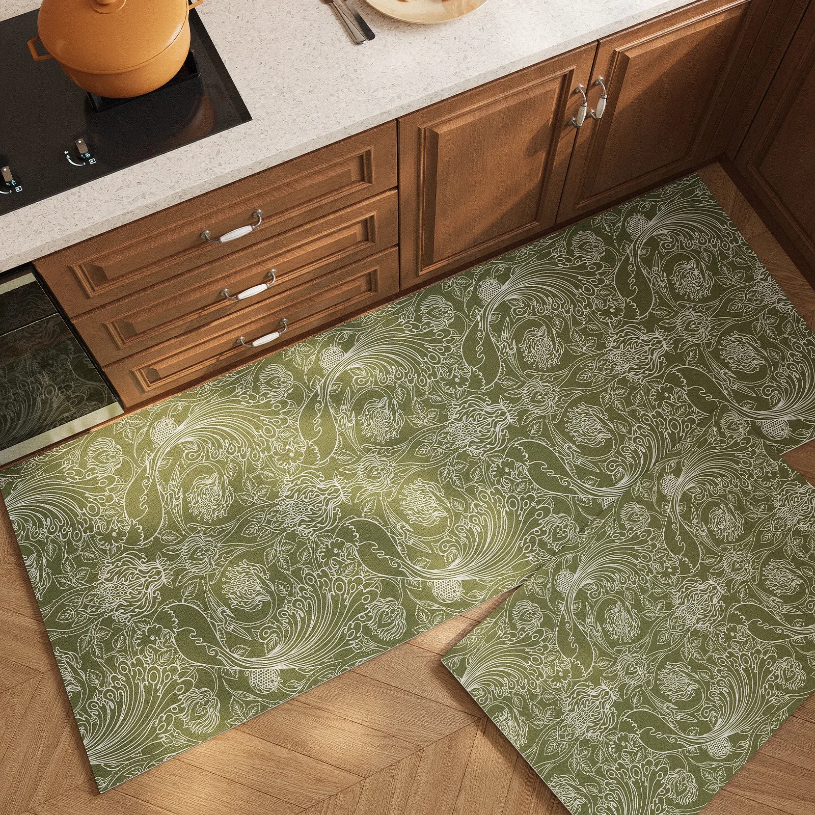 Retro Green Floral Kitchen Floor Mats Long Strip Runner Rug Anti-slip Carpet Light Luxury Home Decoration Mat Alfombra De Cocina